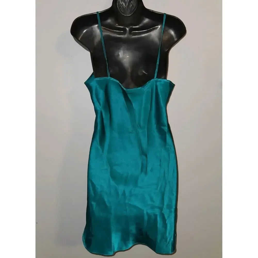 Vtg 80's Lace Trim Satin Baby Doll Nightgown Small Inner Most Emerald Green